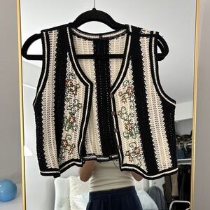Embroidered Black and Cream Crochet Vest
